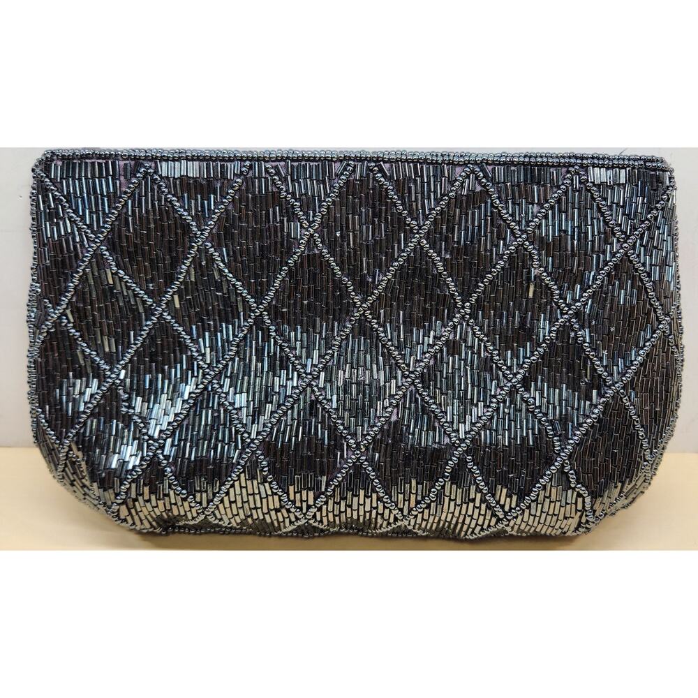 Vintage La Regale Ltd Black Beaded Satin‎ Small Evening Clutch Purse see pics